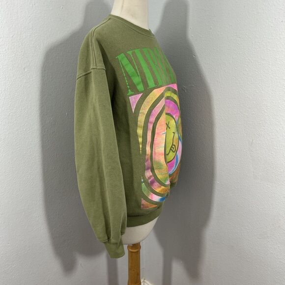 Nirvana Sweatshirt Womens S‎ Petite Green Crew Neck Graphic Smile Overdyed Y2K - Picture 4 of 8